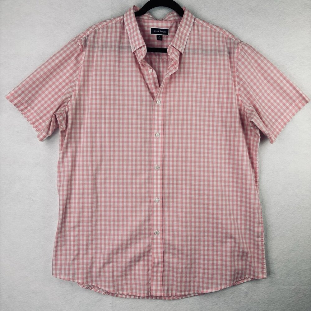Club Room Shirt Mens XL Pink Plaid Short Sleeve Logo Collar Button Down
